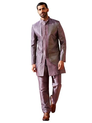 VASTRAMAY Men's Purple Silk Blend Sherwani Set, Silk Blend Jacquard Indo Western And Pant For Men for Weddings & Festivals, Traditional Ethnic Wear Outfit