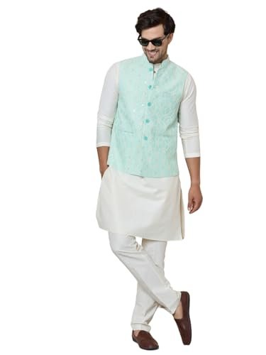 See Designs Men's Blue Sequin Embroidered Nehru Jacket with Solid Kurta-Pyjama (3 Piece Set) - SDNJ263201M