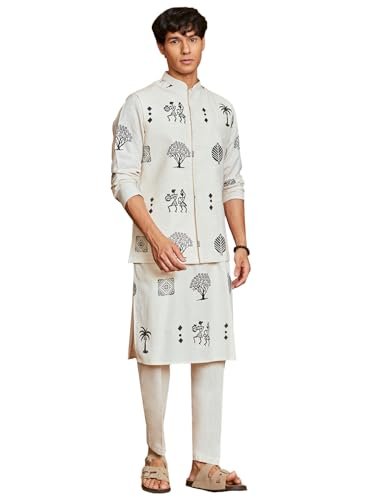VASTRAMAY Men's Cotton Block-Printed Nehru Jacket with Solid Kurta and Pant Set Festive & Ethnic Wear