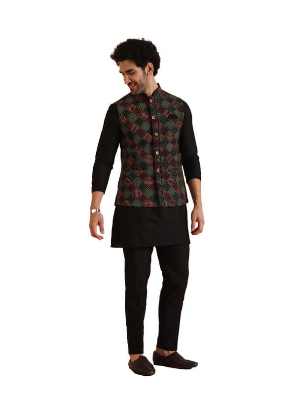 KISAH Cotton Blend Kurta Jacket Trouser Set for Men | Nehru Jacket Waistcoat Kurta Set with Trousers | Mens Ethnic Collections-KA-0863-5207-T303-40-Multi