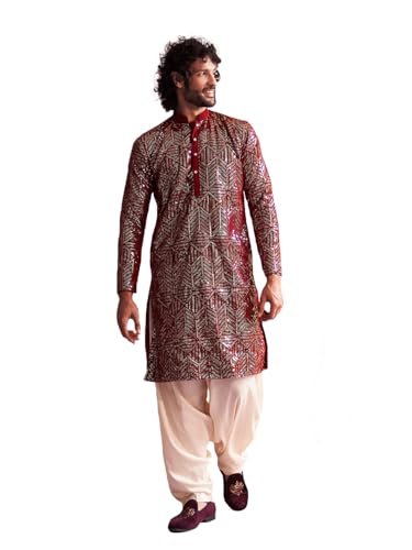 VASTRAMAY Men's Maroon And Cream Georgette Kurta and Patiala Set - VSHRMK245MAnPTYCR_36