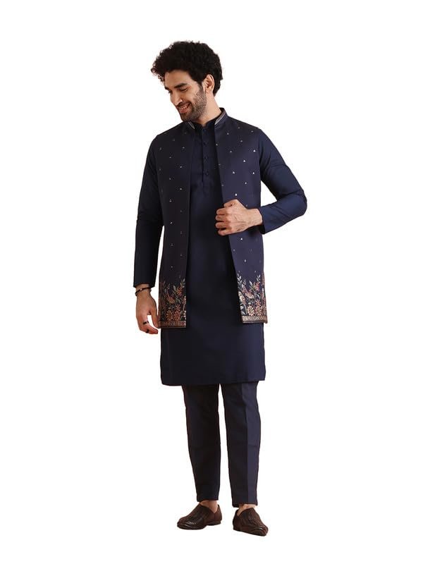 KISAH Mens Kurta Jacket Trouser Set|Cotton Blend Fabric Embroidered Pattern Mens Ethnic Wear|Mandarin Collar Long Sleeves, Navy Blue, 42