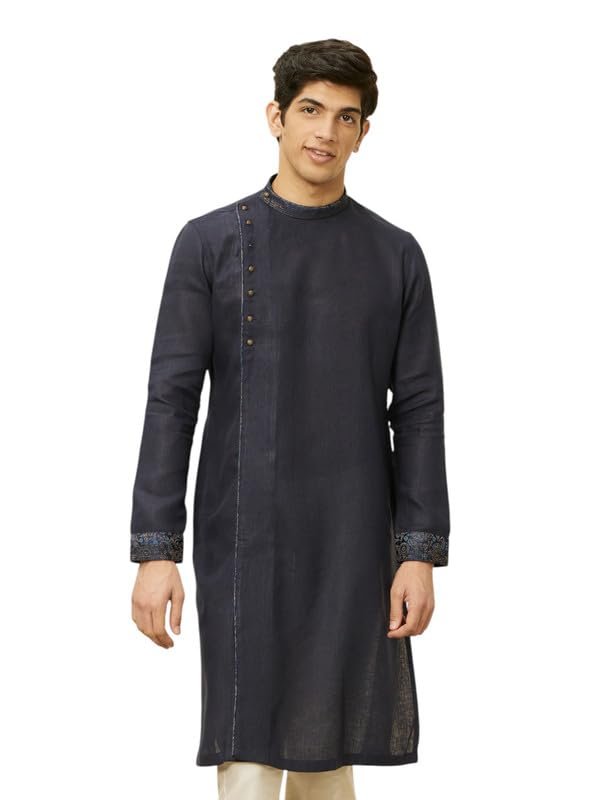 Manyavar Men's Kurta, Long Sleeves Mandarin Collar Ethnic Knee Length Kurta Only, Kurta for Festival, Wedding, Party & Anniversary Blended Linen (Blue, M)