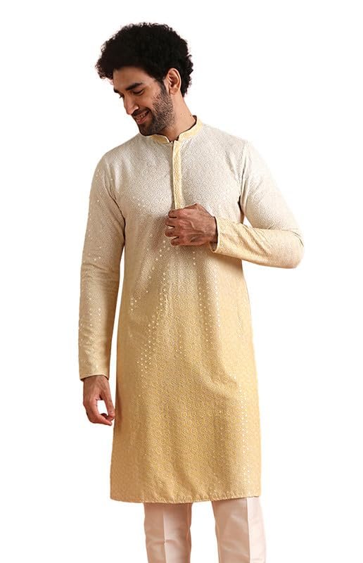 KISAH Regular Fit Cotton Blended Kurtas for Mens | Embellished Pattern Mandarin Collar Long Sleeves Ethnic Wear for Men, Yellow, 42