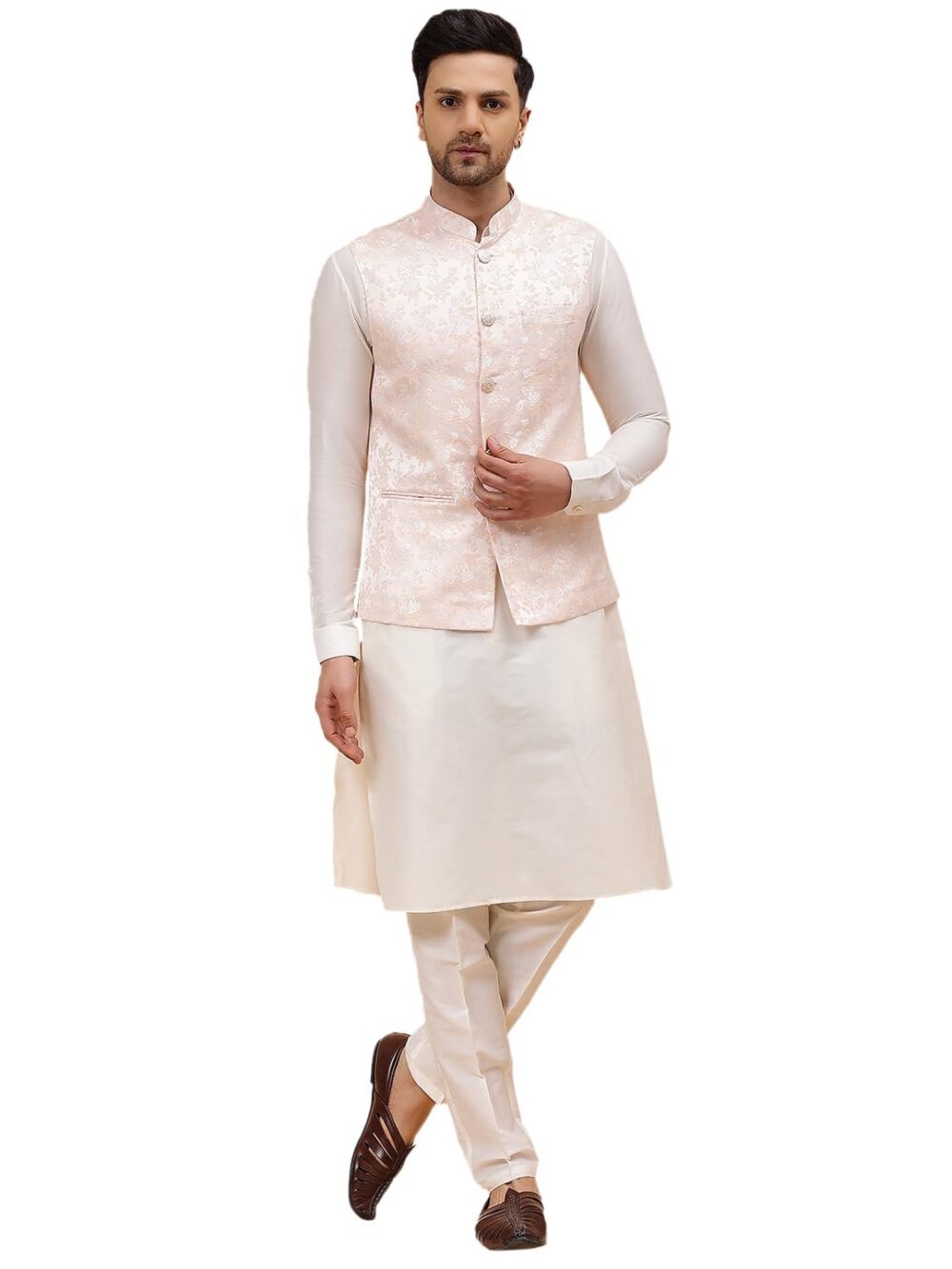 See Designs Men Off White Kurta Pajama & Peach Woven Design Jacquard Nehru jacket_SDNJ23501XXL