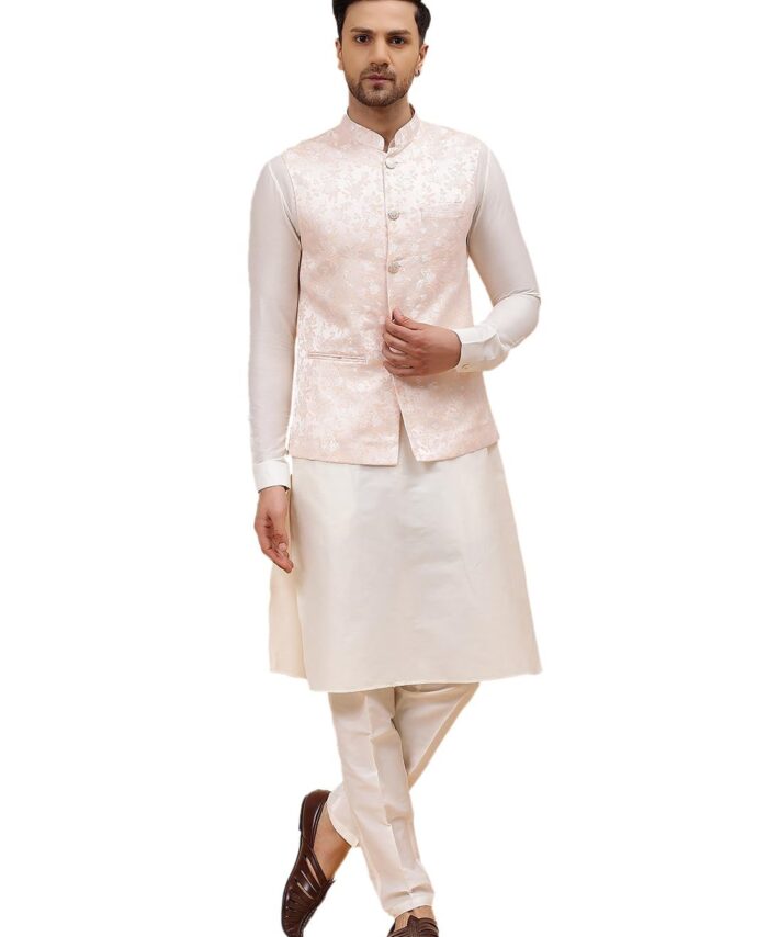 See Designs Men Off White Kurta Pajama & Peach Woven Design Jacquard Nehru jacket_SDNJ23501XXL