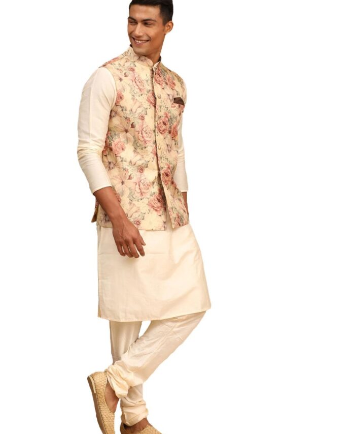 VASTRAMAY Classic Flower Print Silk Blend Printed Nehru Jacket with Kurta and Pant Style Pyjama – Elegant Ethnic Wear for Men