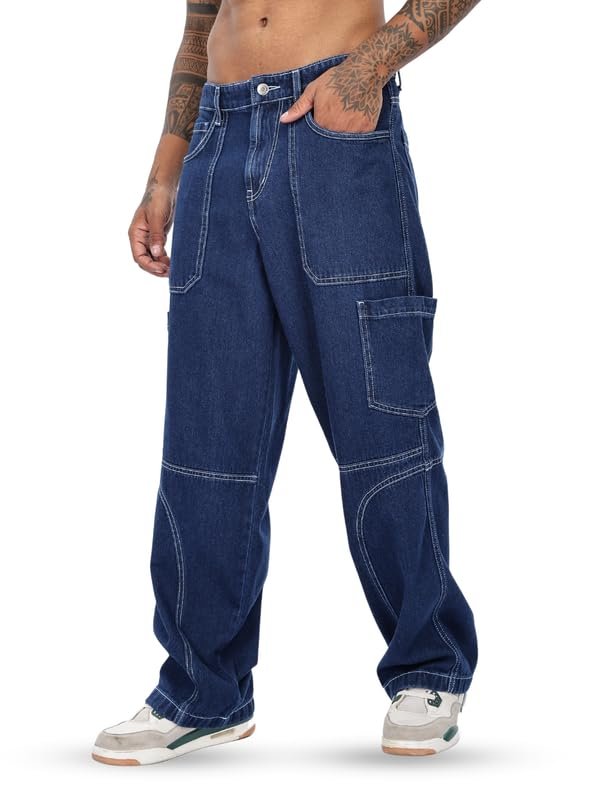 Eszett Men's Pure Cotton Blue Baggy Cargo Pant || Men Cargo Pants || Cargos for Men, (Size:- L)