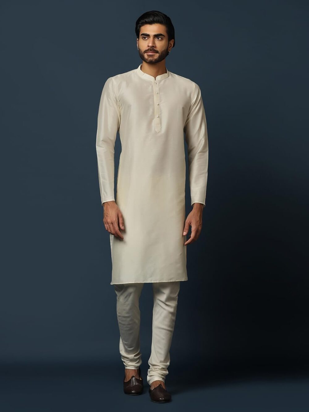 KISAH Men's Beige and Silver Indo-Western Kurta Sherwani Churidar Set Cotton Full Sleaves, Knee Length, Straight, Regular Fit, Mandarin Collar Ethnic wear - Image 8