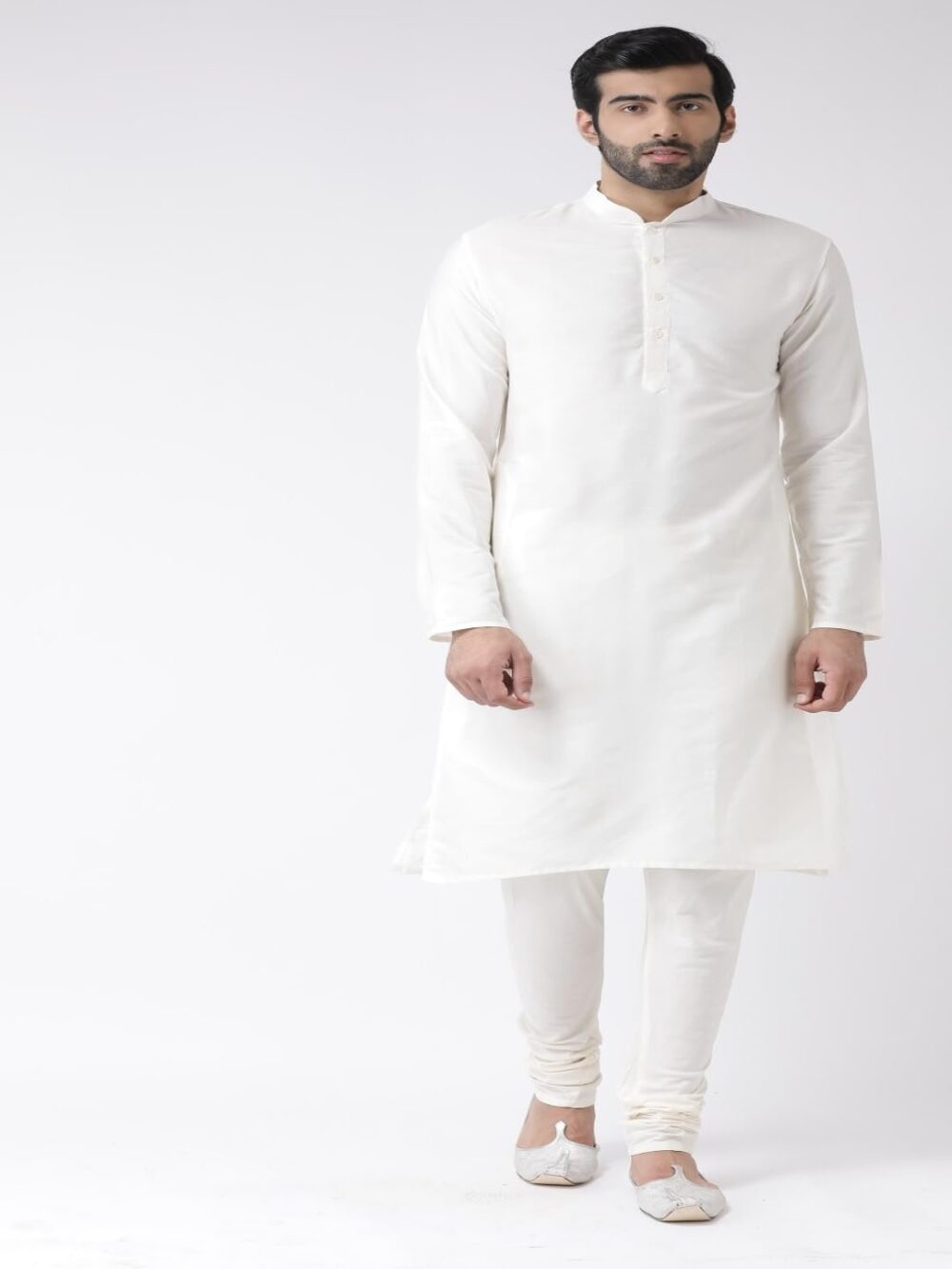 KISAH Men White Kurta with Churidar, Full Sleaves, Knee Length, Straight, Regular Fit, Mandarin Collar Ethnic wear - Image 3