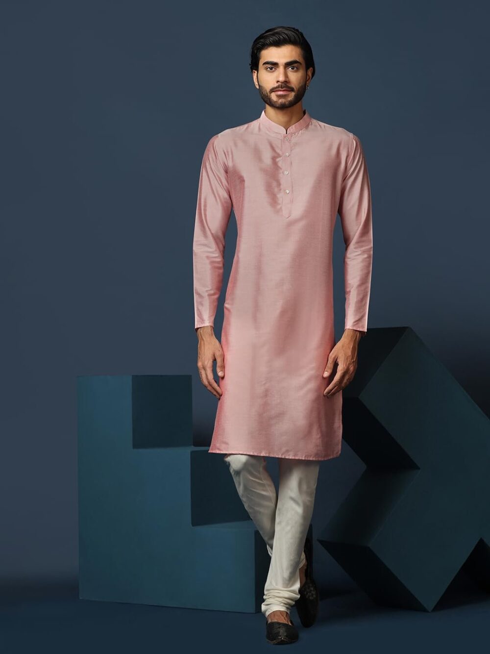 KISAH Men's Grey and Pink Indo-Western Kurta Sherwani Churidar Set Cotton Full Sleaves, Knee Length, Straight, Regular Fit, Mandarin Collar Ethnic wear - Image 5