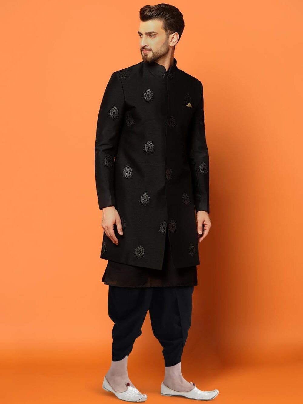 KISAH Mens Kurta Sherwani Dhoti Set Silk Blend Jacquard, Indo-Western Ethnic Wear for Men, Black, 40 - Image 8
