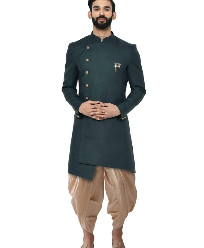 KISAH Men’s Sherwani & Trouser Set – Solid Cotton Blend Ethnic Wear for Men – Regular Fit Wedding & Festive Look – Dry Clean Only, Green, 40