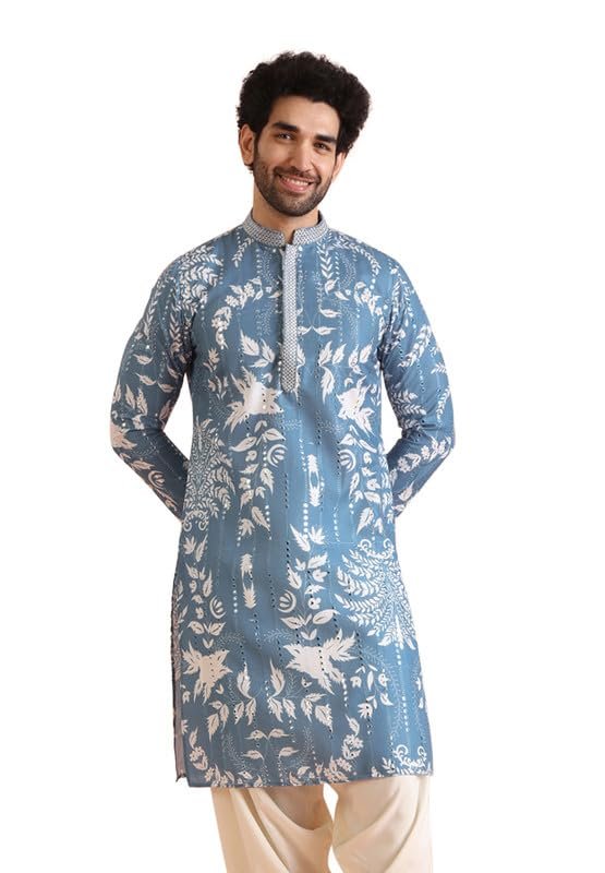 KISAH Mens Kurta|Blended Cotton Fabric Embellished Pattern Mens Ethnic Wear|Regular Fit Mandarin Collar Long Sleeves, Blue, 38