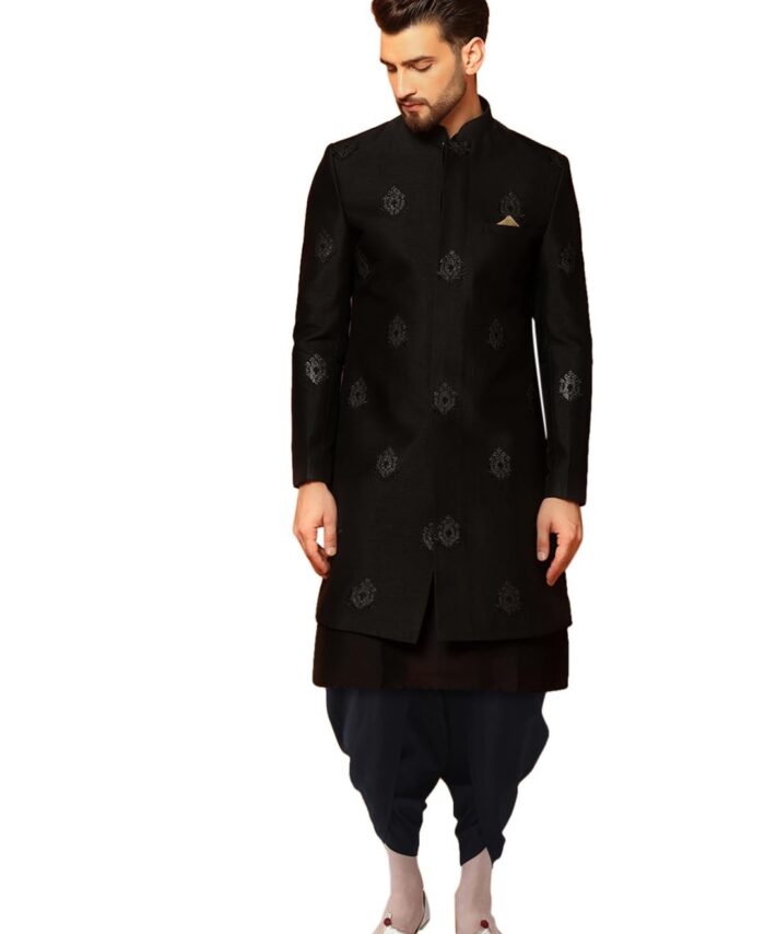 KISAH Mens Kurta Sherwani Dhoti Set Silk Blend Jacquard, Indo-Western Ethnic Wear for Men, Black, 40