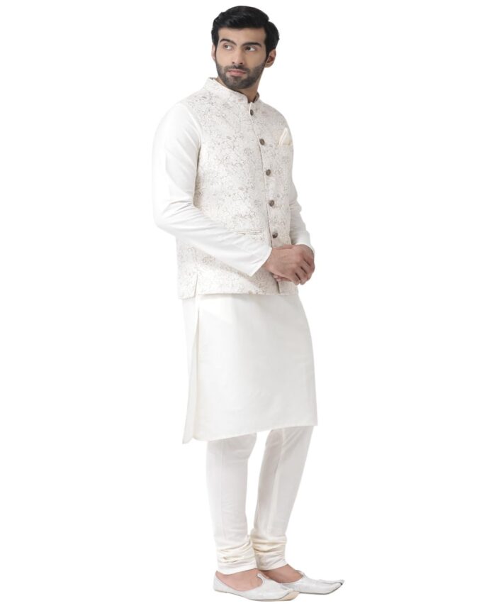 KISAH Men White Kurta with Churidar, Full Sleaves, Knee Length, Straight, Regular Fit, Mandarin Collar Ethnic wear