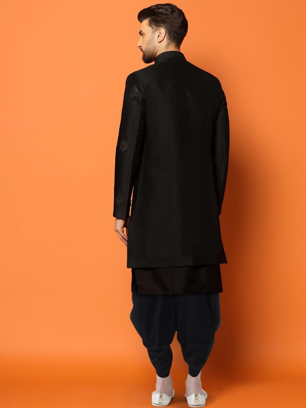 KISAH Mens Kurta Sherwani Dhoti Set Silk Blend Jacquard, Indo-Western Ethnic Wear for Men, Black, 40 - Image 5