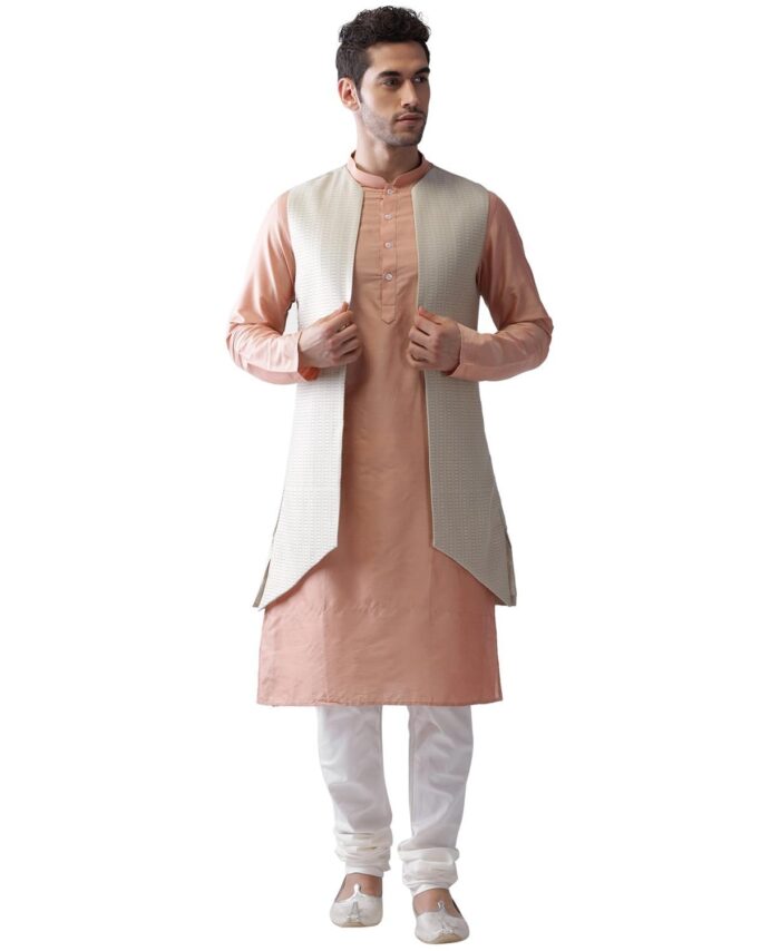 KISAH Men Cream Layered Kurta with Pyjamas Jacket, Full Sleaves, Knee Length, Straight, Regular Fit, Mandarin Collar Ethnic wear