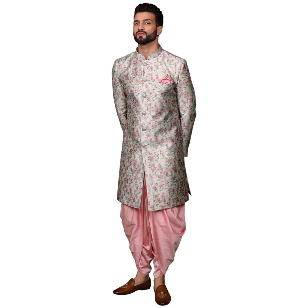 KISAH Men's Ethnic Wear Silk Blend Woven Design Regular Fit Multi-Pink Indo-Western Sherwani Set Indo-Western|40