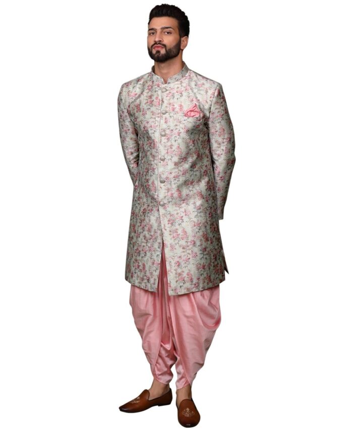 KISAH Men's Ethnic Wear Silk Blend Woven Design Regular Fit Multi-Pink Indo-Western Sherwani Set Indo-Western|40