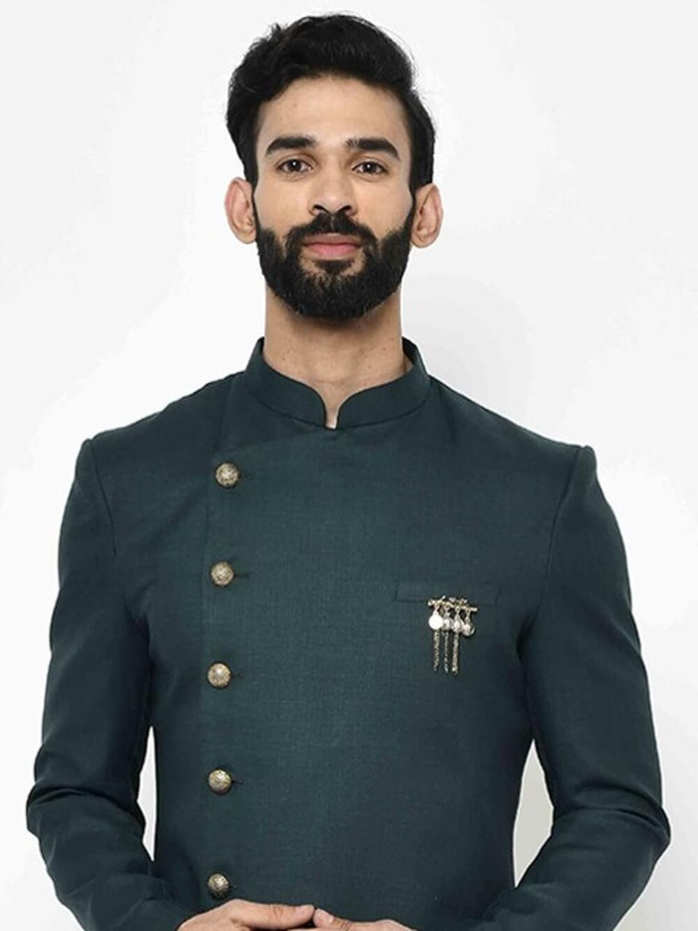 KISAH Men’s Sherwani & Trouser Set – Solid Cotton Blend Ethnic Wear for Men – Regular Fit Wedding & Festive Look – Dry Clean Only, Green, 40 - Image 7