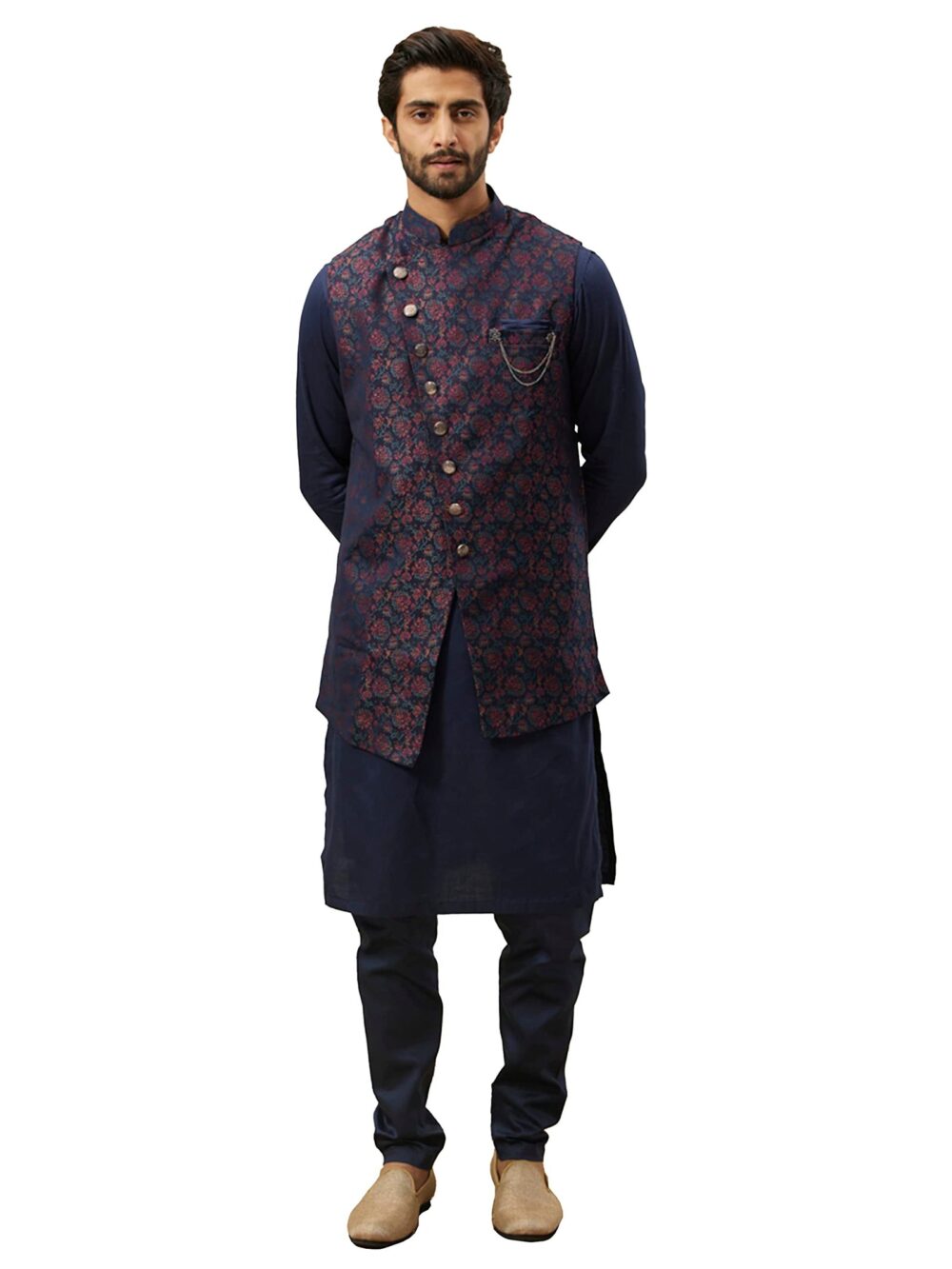 Manyavar Kurta Jacket Set With Payjama for Men, Full Sleeves Mandarin Collar Ethnic Wear Jacket Set for Festival, Wedding, Party Satin (BLUE - 1, L)