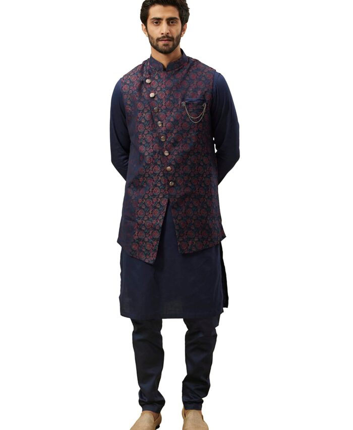 Manyavar Kurta Jacket Set With Payjama for Men, Full Sleeves Mandarin Collar Ethnic Wear Jacket Set for Festival, Wedding, Party Satin (BLUE - 1, L)