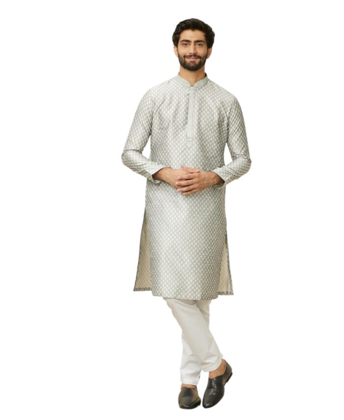 Manyavar Men's Art Silk Jacquard Full Sleeves Kurta Set (Light Grey,L)