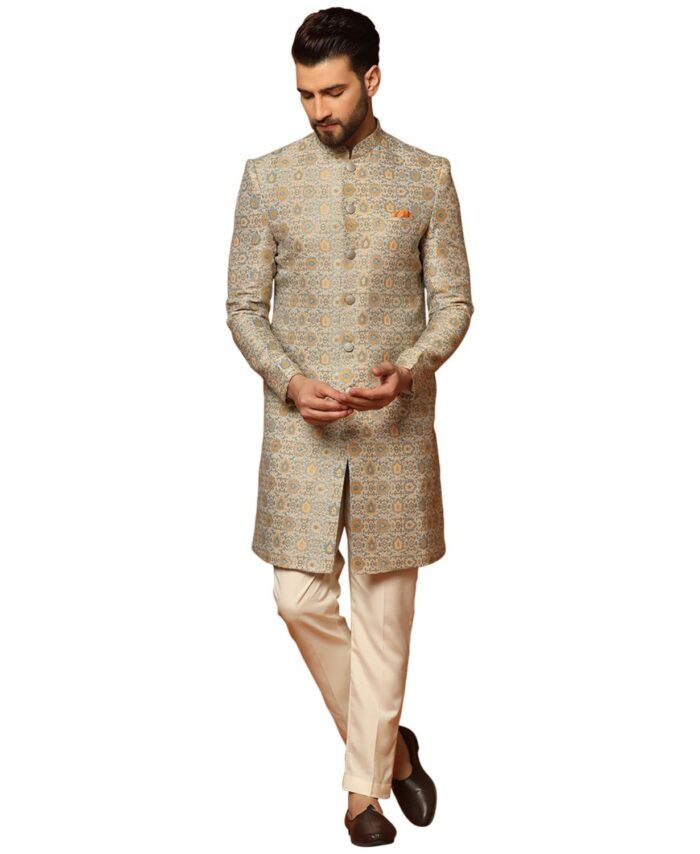 KISAH Men’s Sherwani & Trouser Set – Textured Silk Blend Jacquard Ethnic Wear for Men – Regular Fit Wedding & Festive Look – Dry Clean Only, Multicolour, 40