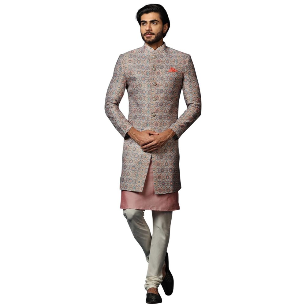 KISAH Men's Grey and Pink Indo-Western Kurta Sherwani Churidar Set Cotton Full Sleaves, Knee Length, Straight, Regular Fit, Mandarin Collar Ethnic wear