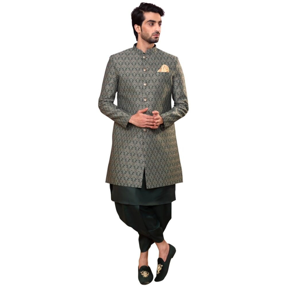 KISAH Men's Ethnic Wear Silk Blend Printed Regular Fit Green Kurta Indo-Western Sherwani Set Indo-Western-44 - Image 6