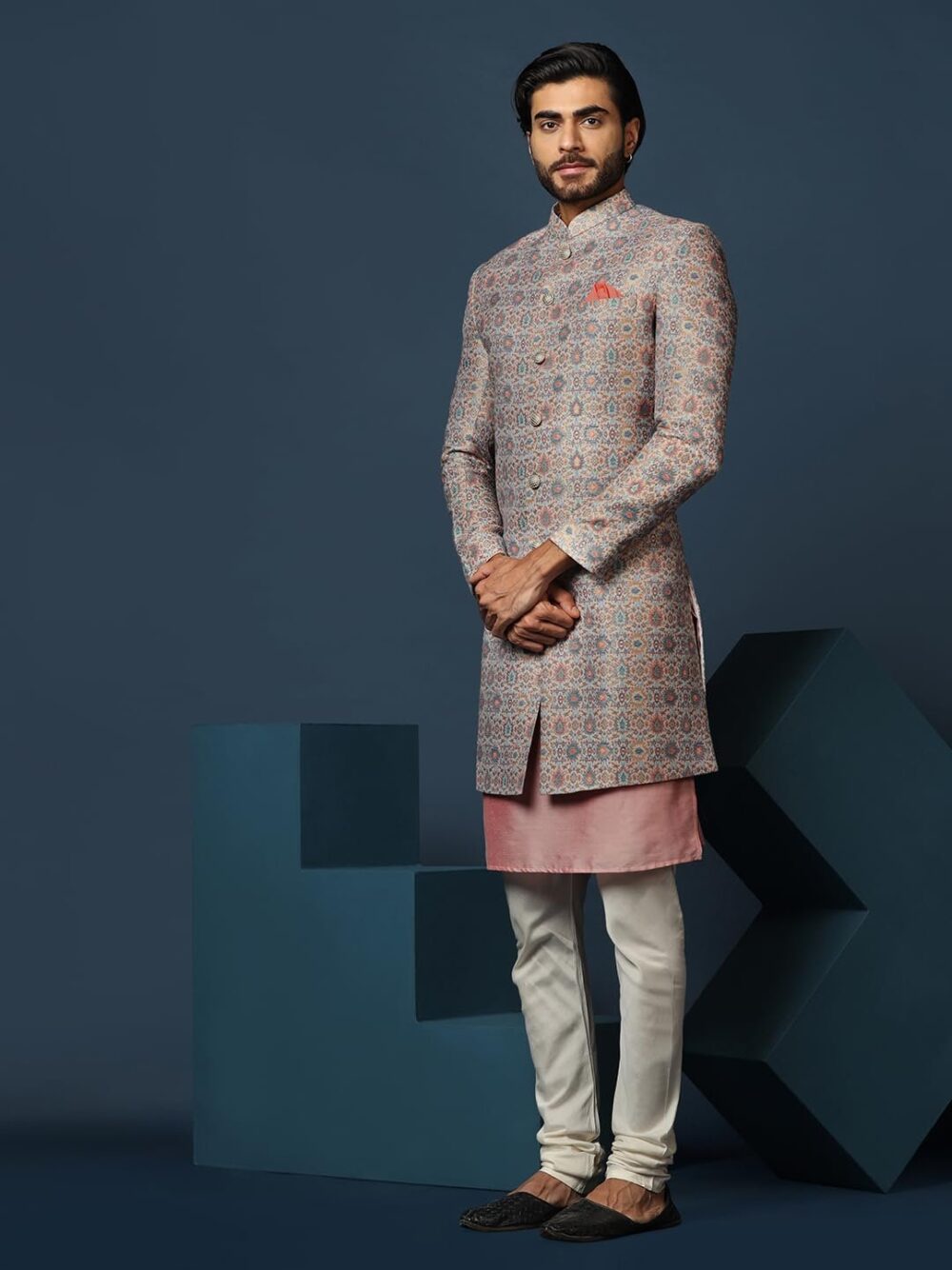 KISAH Men's Grey and Pink Indo-Western Kurta Sherwani Churidar Set Cotton Full Sleaves, Knee Length, Straight, Regular Fit, Mandarin Collar Ethnic wear - Image 7