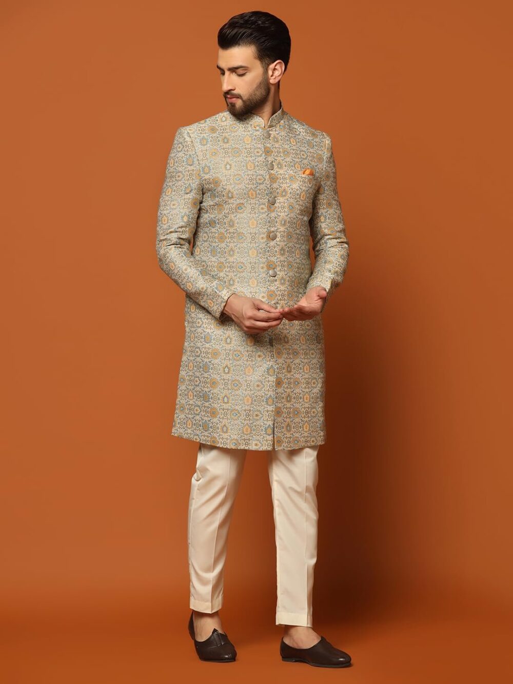 KISAH Men’s Sherwani & Trouser Set – Textured Silk Blend Jacquard Ethnic Wear for Men – Regular Fit Wedding & Festive Look – Dry Clean Only, Multicolour, 40 - Image 6