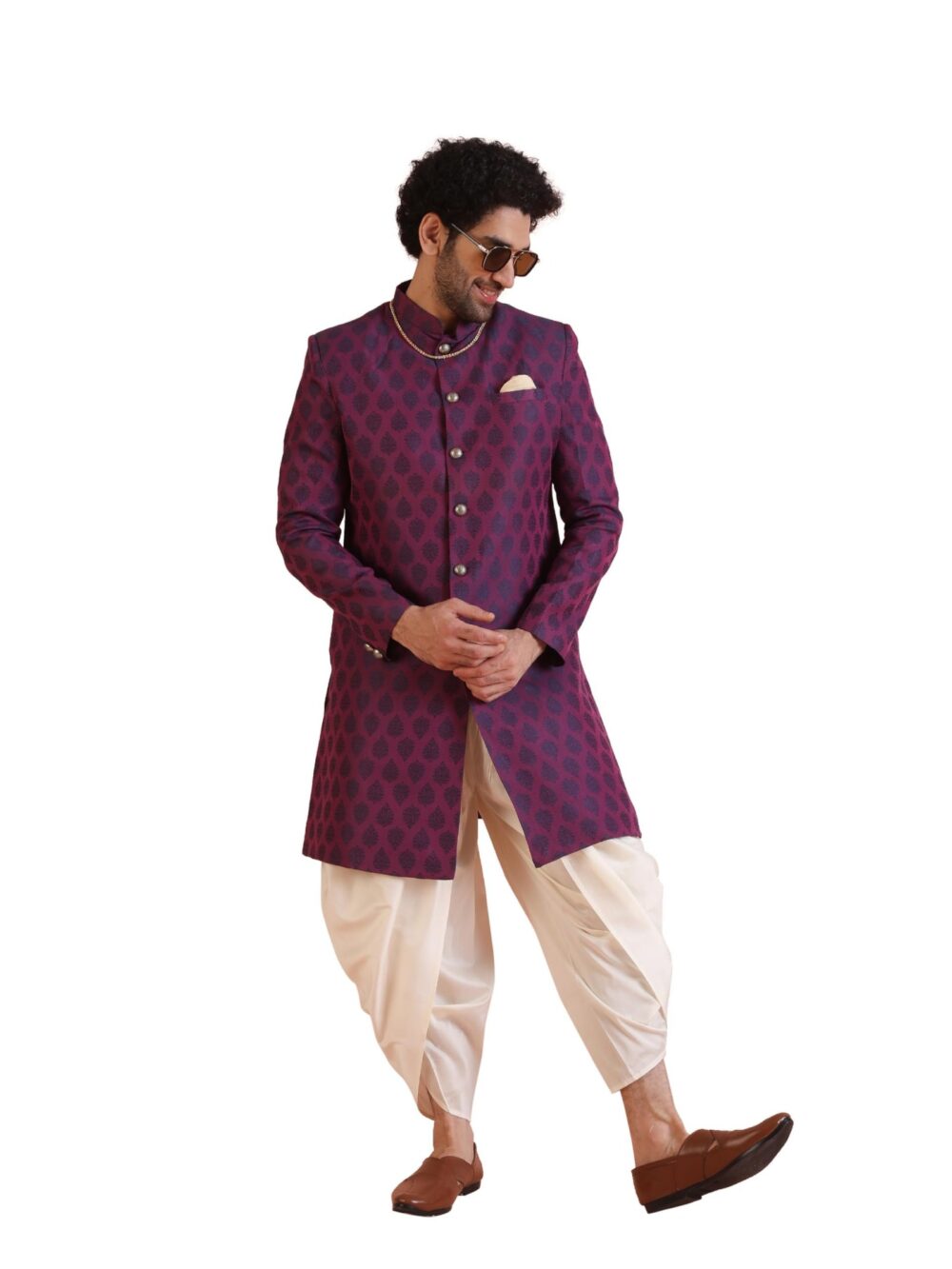 KISAH Men Purple Jacquard Woven Design Indo-Western Sherwani Set Indo-Western, Ethnic wear