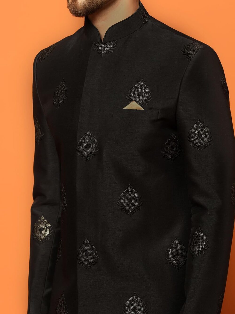 KISAH Mens Kurta Sherwani Dhoti Set Silk Blend Jacquard, Indo-Western Ethnic Wear for Men, Black, 40 - Image 3