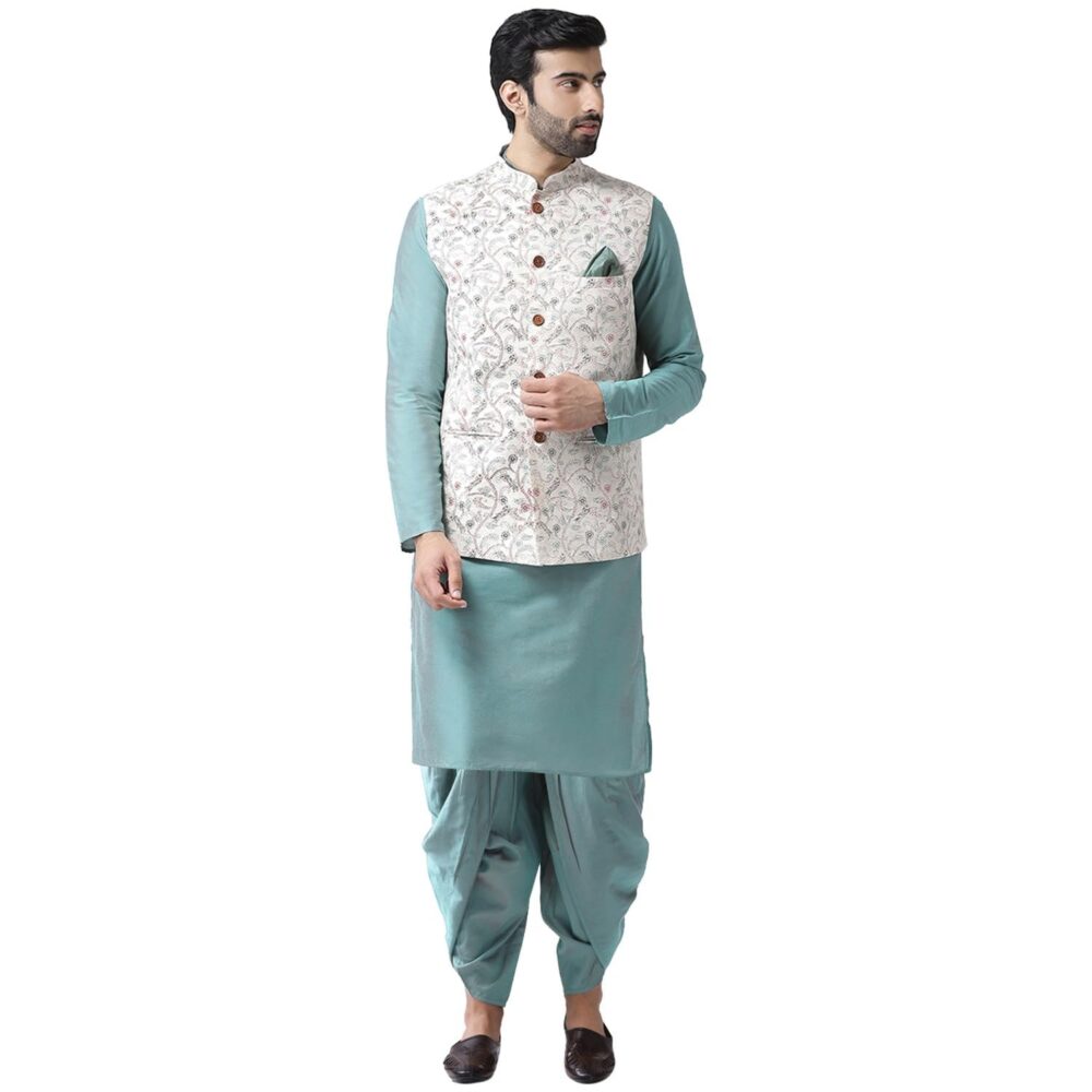 KISAH Men Printed Kurta Jacket Set, Full Sleaves, Knee Length, Straight, Regular Fit, Mandarin Collar Ethnic Wear