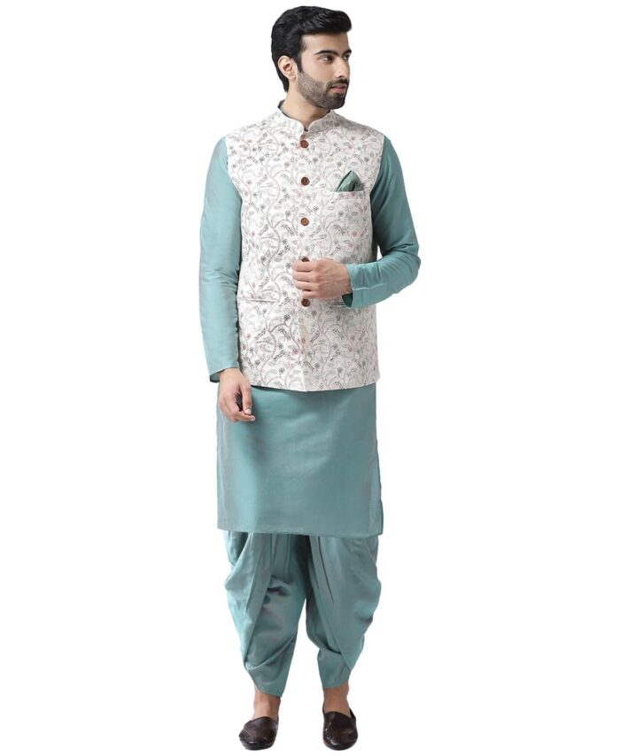 KISAH Men Printed Kurta Jacket Set, Full Sleaves, Knee Length, Straight, Regular Fit, Mandarin Collar Ethnic Wear