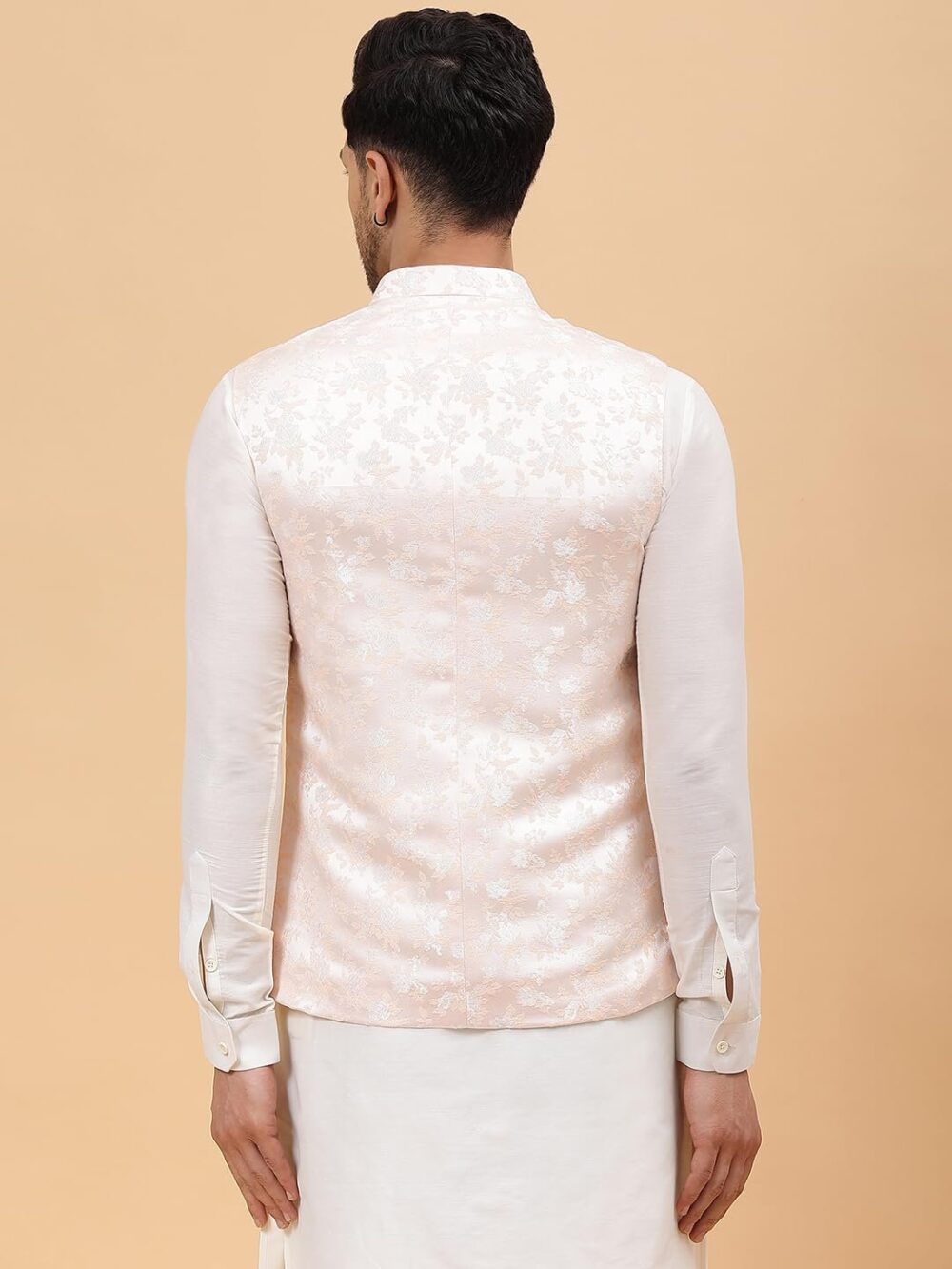 See Designs Men Off White Kurta Pajama & Peach Woven Design Jacquard Nehru jacket_SDNJ23501XXL - Image 8