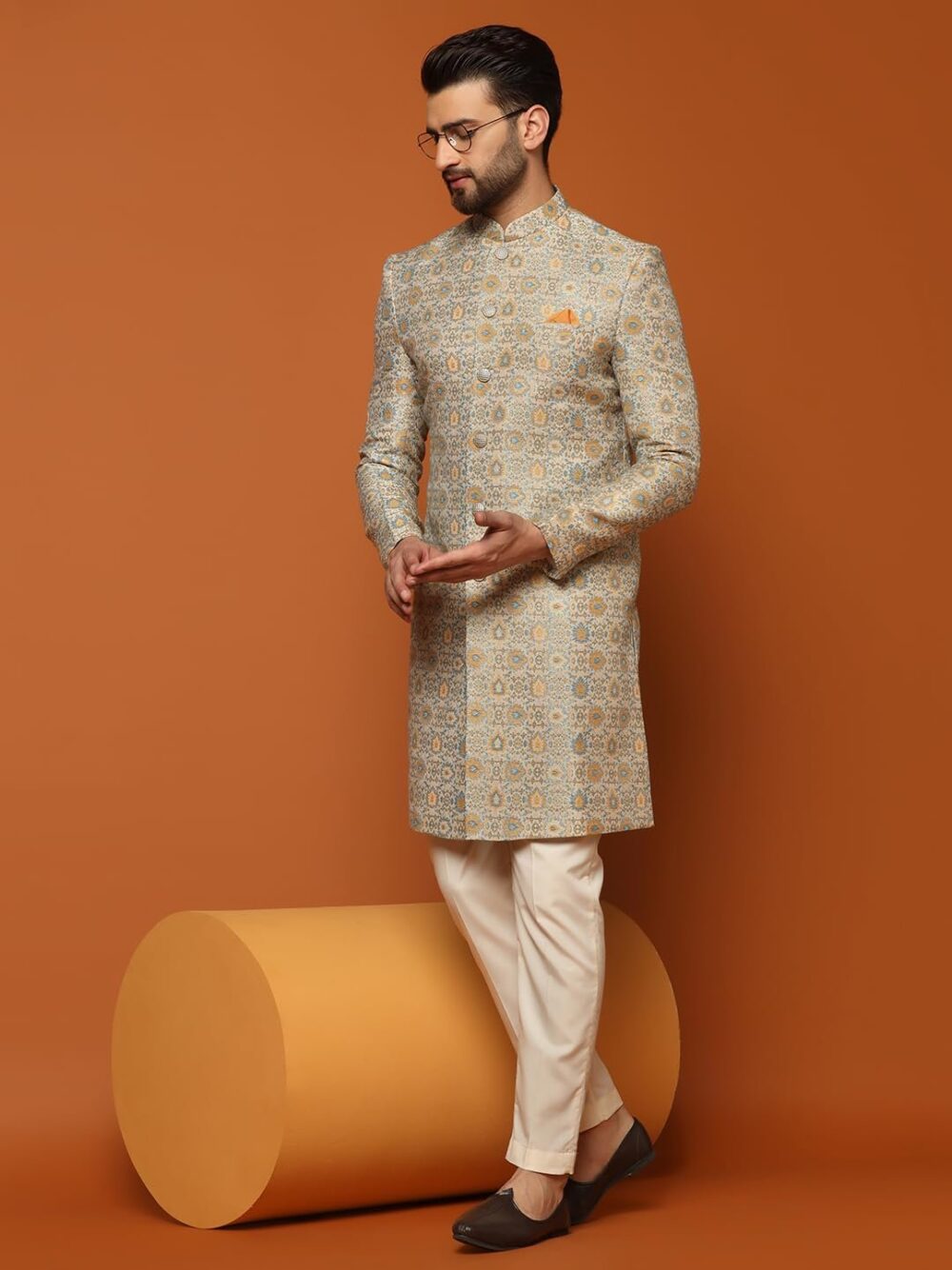 KISAH Men’s Sherwani & Trouser Set – Textured Silk Blend Jacquard Ethnic Wear for Men – Regular Fit Wedding & Festive Look – Dry Clean Only, Multicolour, 40 - Image 2