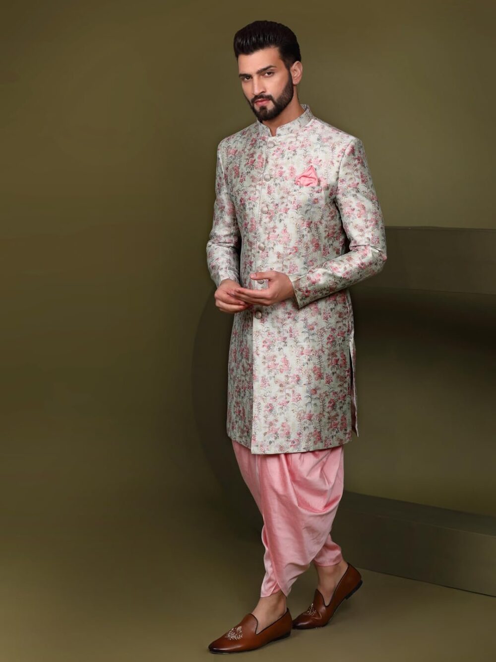 KISAH Men's Ethnic Wear Silk Blend Woven Design Regular Fit Multi-Pink Indo-Western Sherwani Set Indo-Western|40 - Image 7