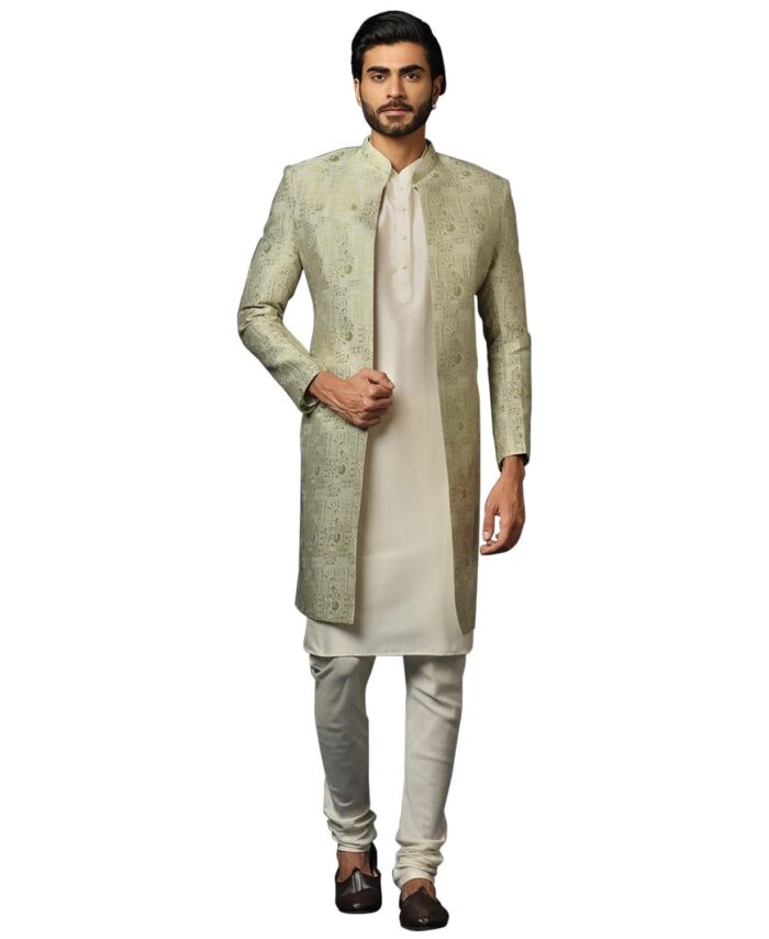 KISAH Men's Beige and Silver Indo-Western Kurta Sherwani Churidar Set Cotton Full Sleaves, Knee Length, Straight, Regular Fit, Mandarin Collar Ethnic wear