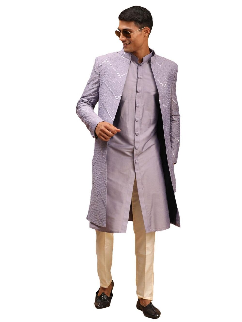 VASTRAMAY Mirror Work Front Open Sherwani Set with Pant Style Pyjama for Men – Elegant Ethnic Wear for Weddings & Festivals