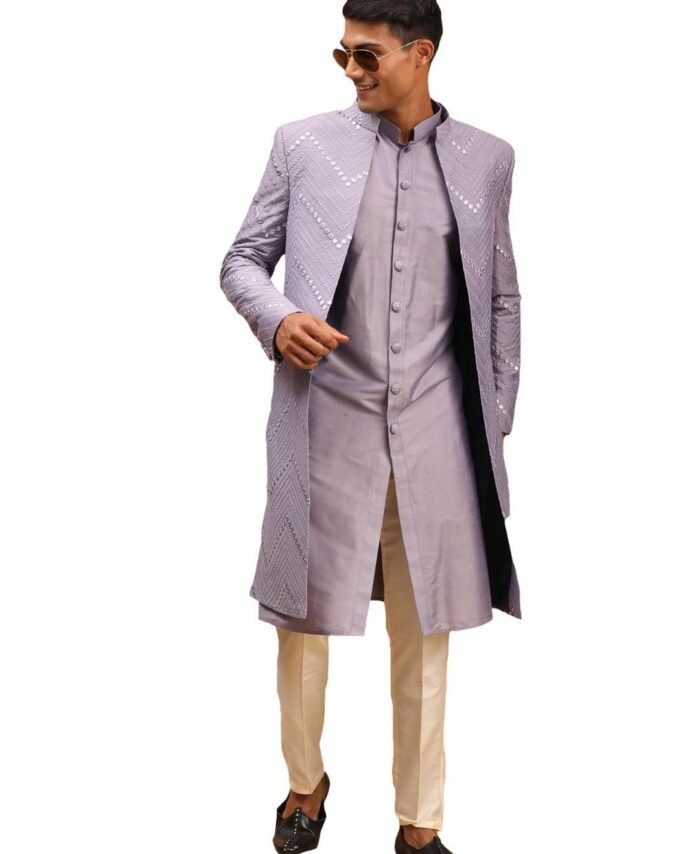 VASTRAMAY Mirror Work Front Open Sherwani Set with Pant Style Pyjama for Men – Elegant Ethnic Wear for Weddings & Festivals