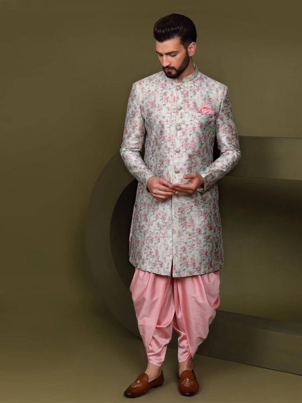 KISAH Men's Ethnic Wear Silk Blend Woven Design Regular Fit Multi-Pink Indo-Western Sherwani Set Indo-Western|40 - Image 3
