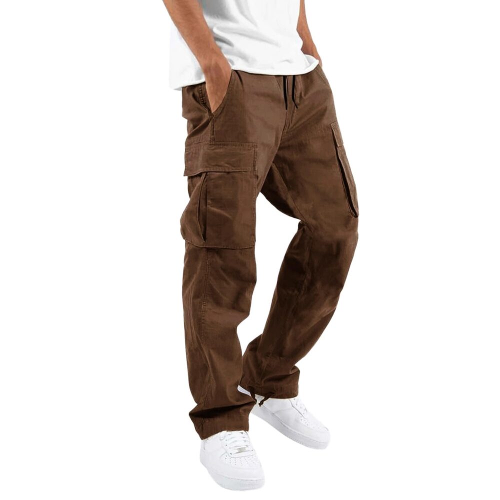 THWEI Mens Cargo Pants Casual Joggers Athletic Pants Cotton Loose Straight Sweatpants, Brown, L