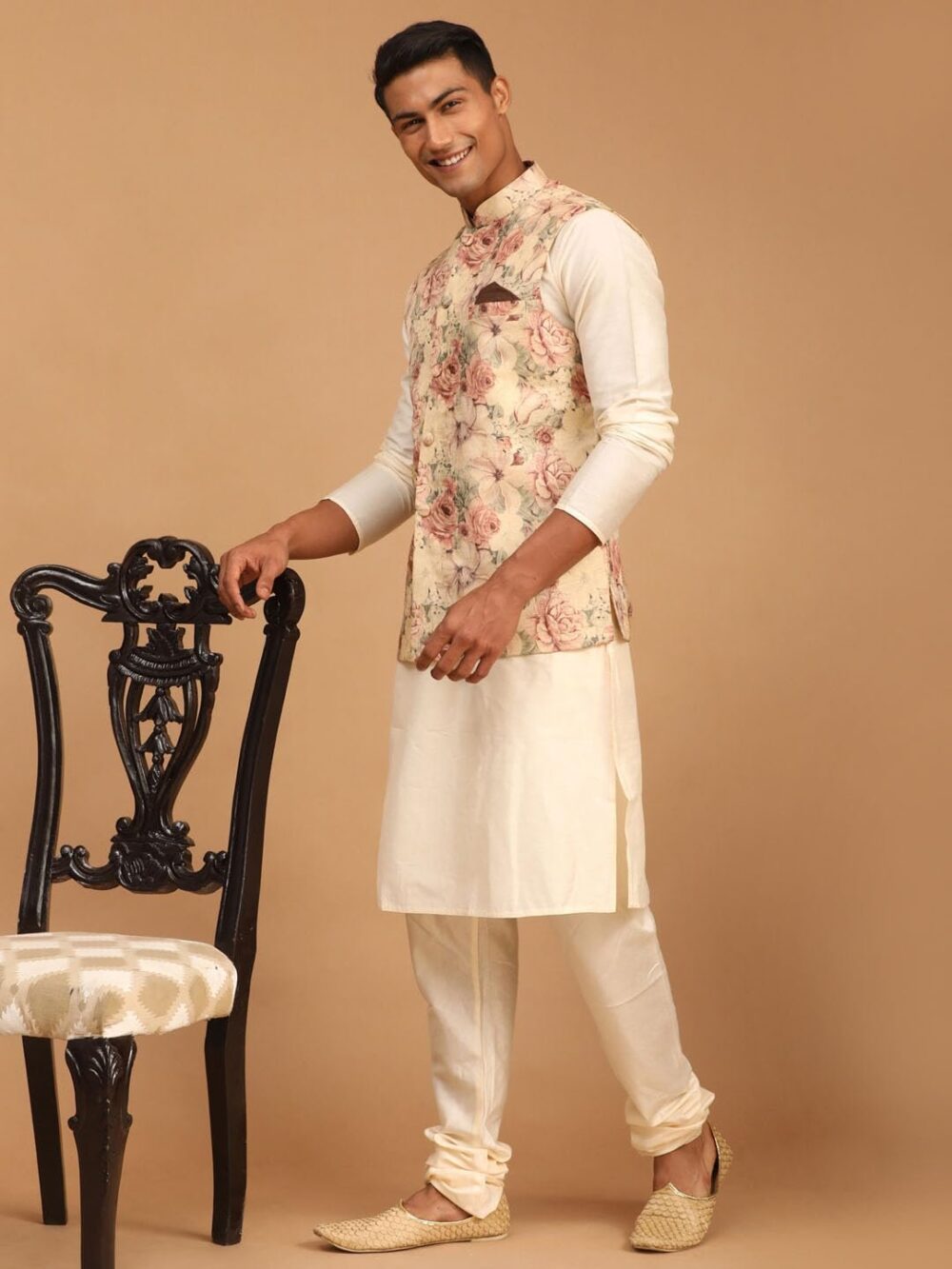 VASTRAMAY Classic Flower Print Silk Blend Printed Nehru Jacket with Kurta and Pant Style Pyjama – Elegant Ethnic Wear for Men - Image 7
