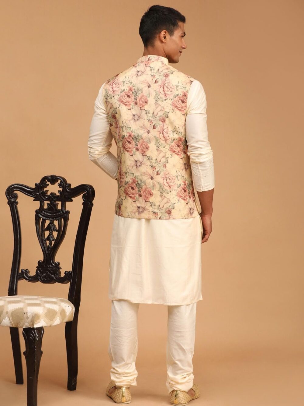 VASTRAMAY Classic Flower Print Silk Blend Printed Nehru Jacket with Kurta and Pant Style Pyjama – Elegant Ethnic Wear for Men - Image 6