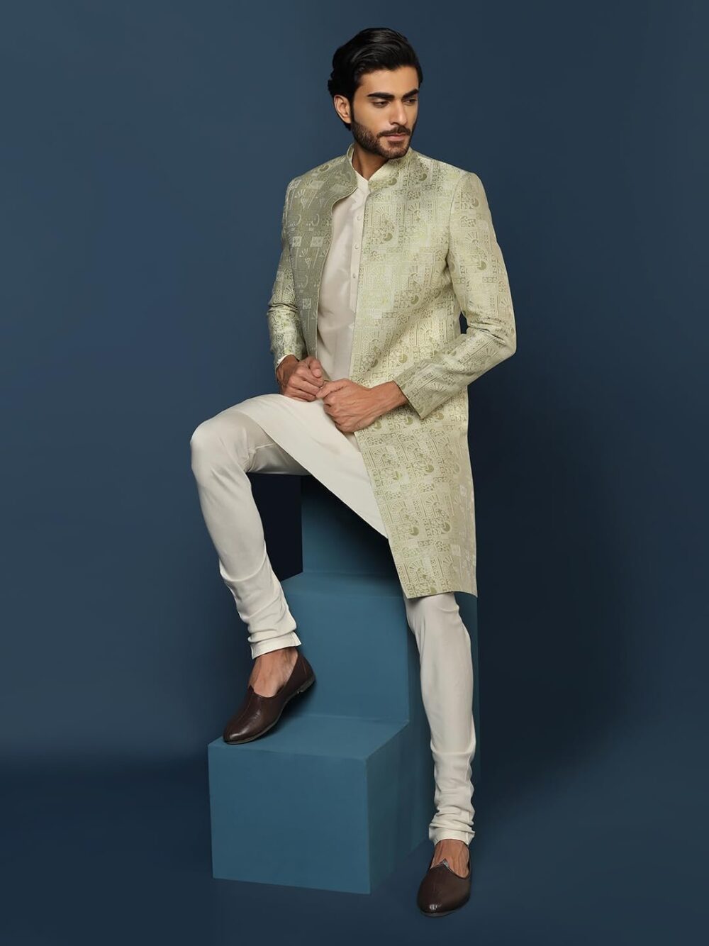 KISAH Men's Beige and Silver Indo-Western Kurta Sherwani Churidar Set Cotton Full Sleaves, Knee Length, Straight, Regular Fit, Mandarin Collar Ethnic wear - Image 5