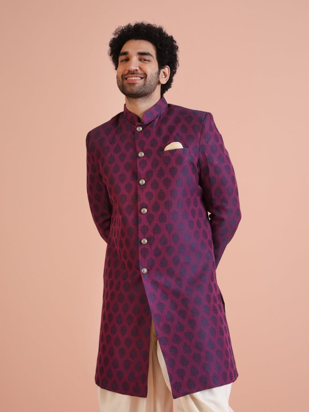 KISAH Men Purple Jacquard Woven Design Indo-Western Sherwani Set Indo-Western, Ethnic wear - Image 3