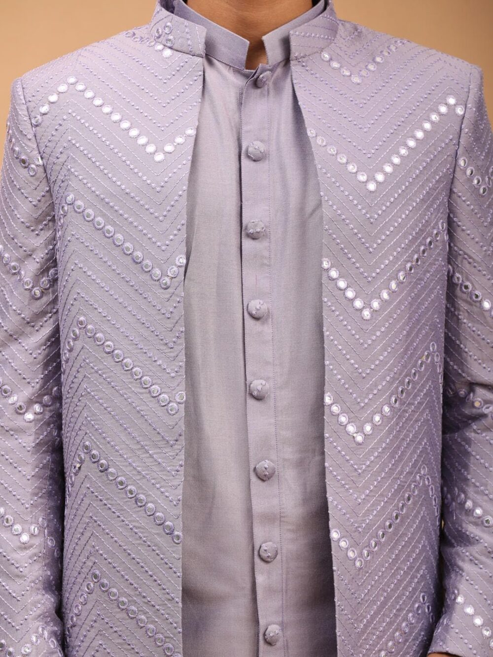 VASTRAMAY Mirror Work Front Open Sherwani Set with Pant Style Pyjama for Men – Elegant Ethnic Wear for Weddings & Festivals - Image 4